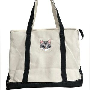 Canvas Tote w/Black Detail - Embroidered Cat on Front -